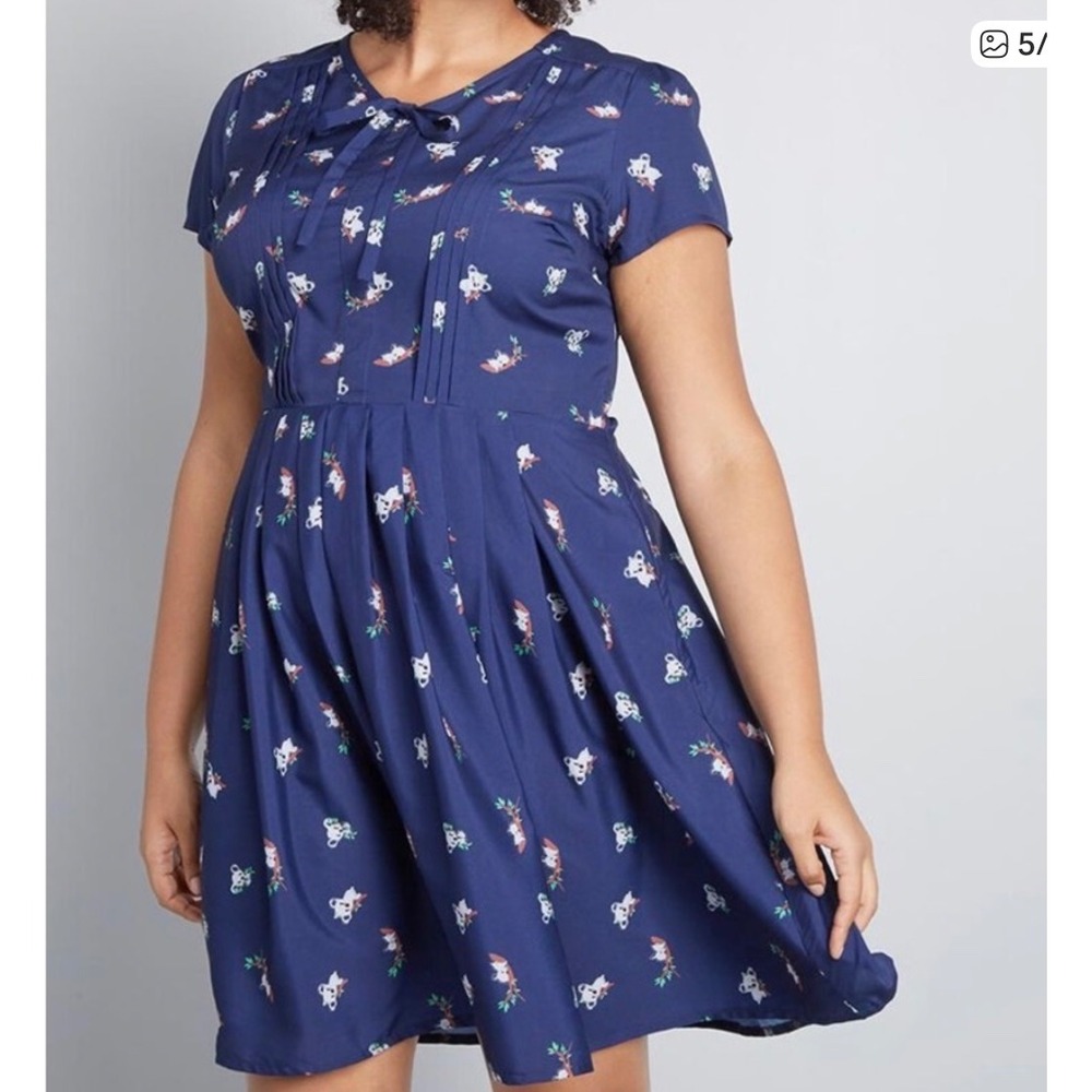 ModCloth Navy Blue Koala Print Short Sleeve Pleated Fit Flare Dress Size‎ 28